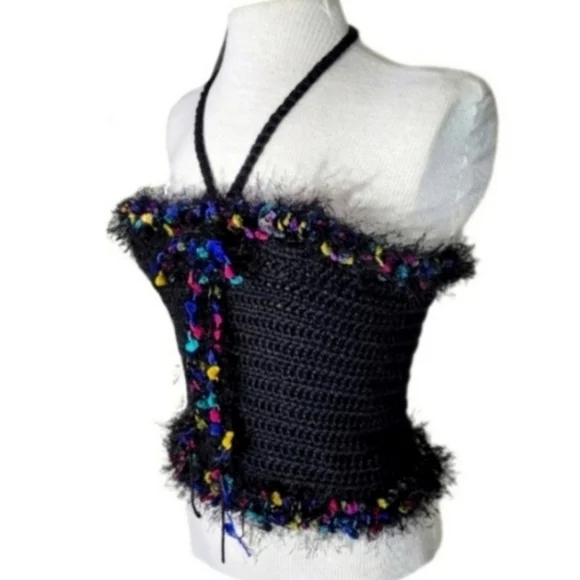 HANDCRAFTED Top Corsetted Cropped Crochet Black Size M - Picture 12 of 13
